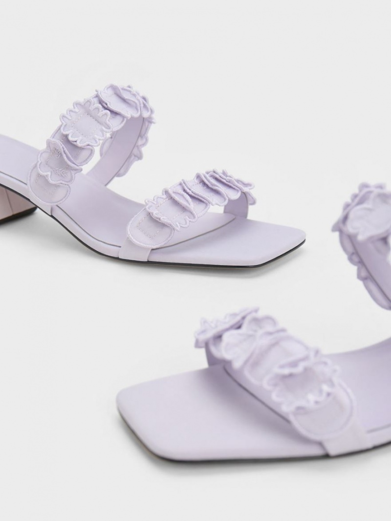 Charles And Keith Ruffled Cotton Heeled Mules Purple | PHILIPPINES U789