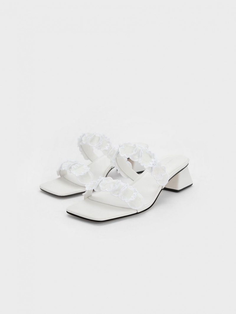 Charles And Keith Ruffled Cotton Heeled Mules White | PHILIPPINES C476