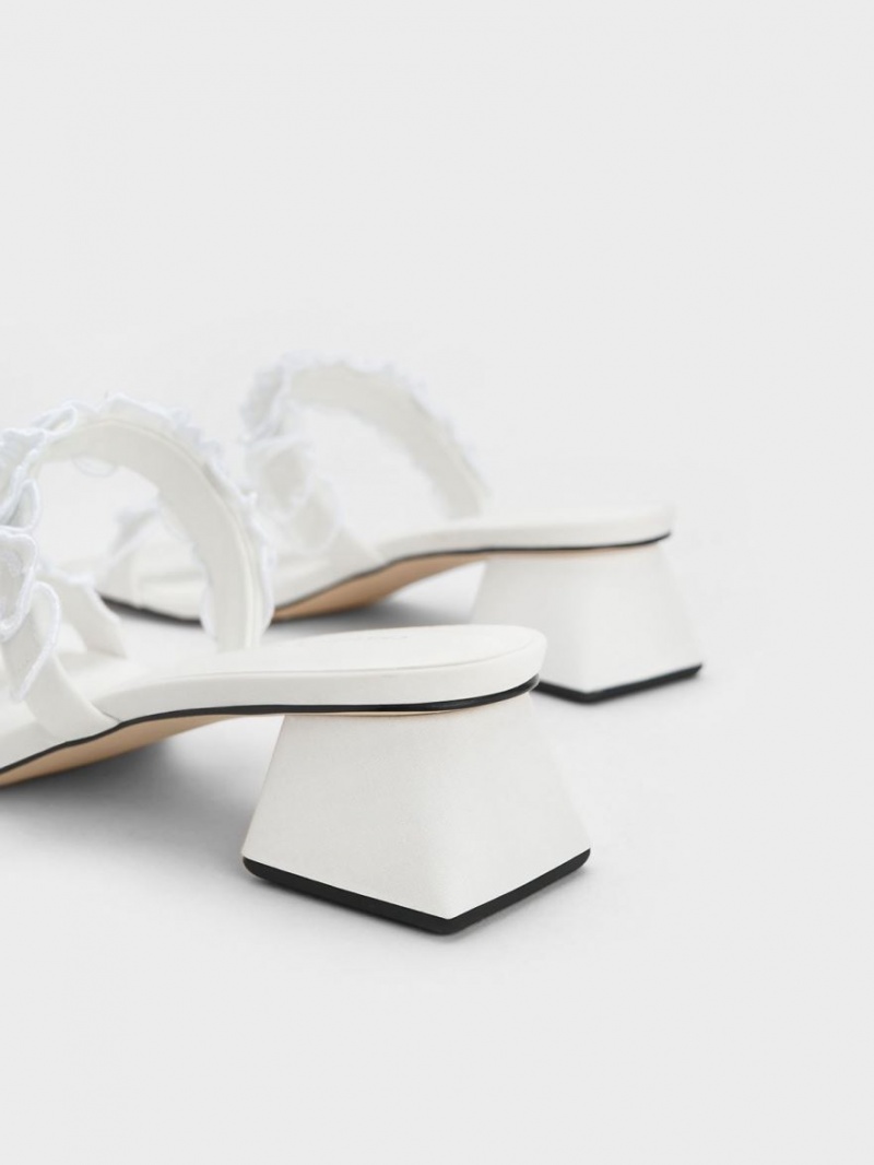 Charles And Keith Ruffled Cotton Heeled Mules White | PHILIPPINES C476