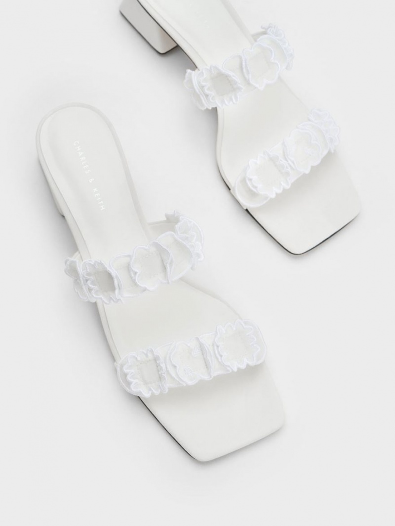 Charles And Keith Ruffled Cotton Heeled Mules White | PHILIPPINES C476