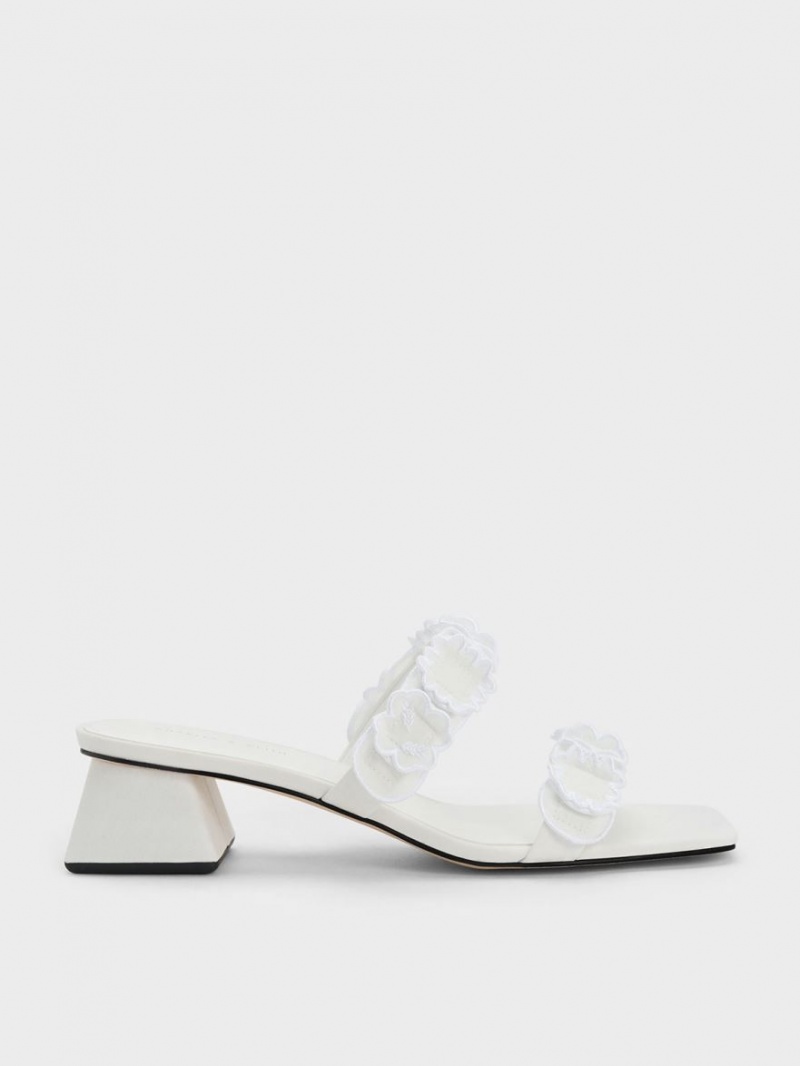 Charles And Keith Ruffled Cotton Heeled Mules White | PHILIPPINES C476