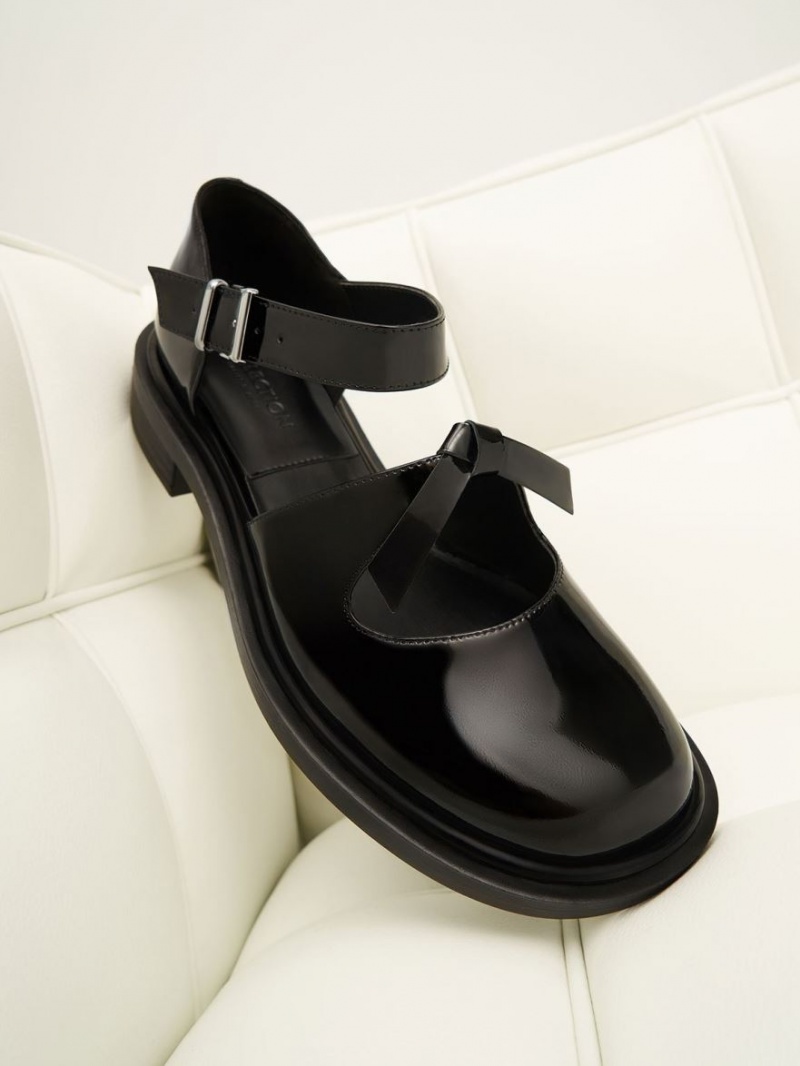 Charles And Keith Rumi Patent Leather Bow-Tie Mary Jane Flat Shoes Black | PHILIPPINES T497