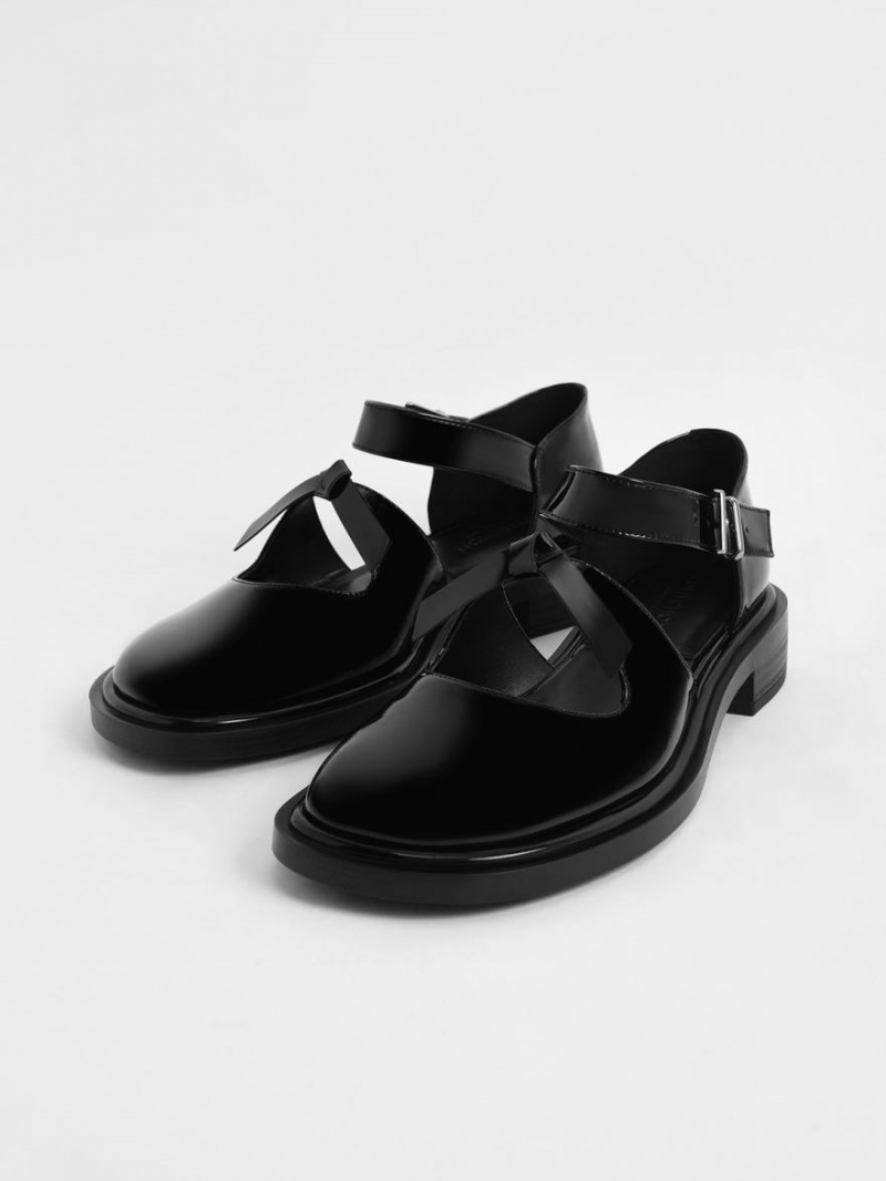 Charles And Keith Rumi Patent Leather Bow-Tie Mary Jane Flat Shoes Black | PHILIPPINES T497