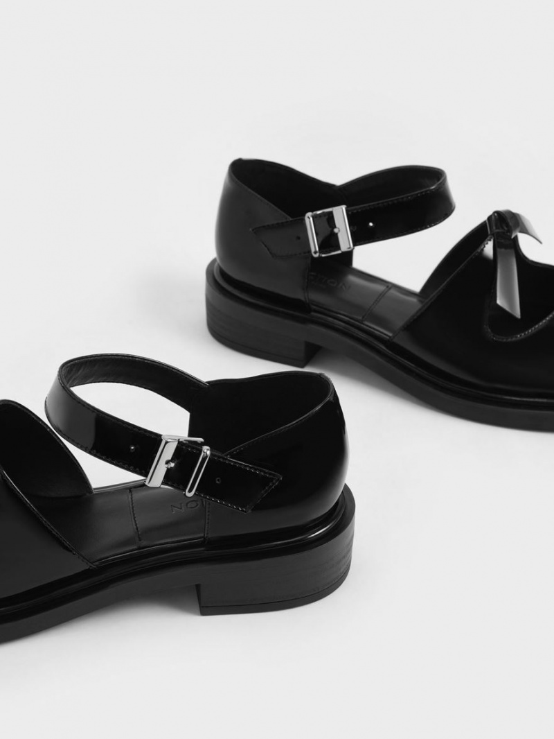 Charles And Keith Rumi Patent Leather Bow-Tie Mary Jane Flat Shoes Black | PHILIPPINES T497