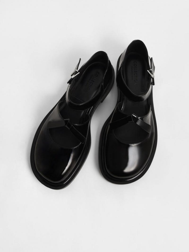 Charles And Keith Rumi Patent Leather Bow-Tie Mary Jane Flat Shoes Black | PHILIPPINES T497