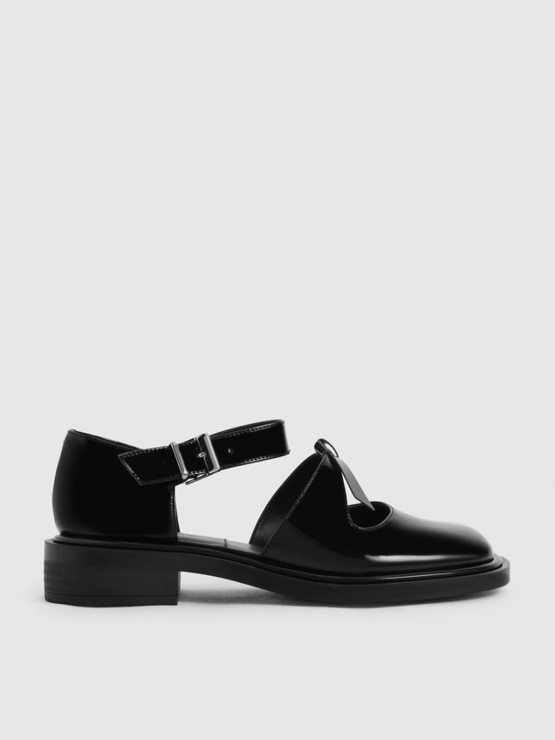 Charles And Keith Rumi Patent Leather Bow-Tie Mary Jane Flat Shoes Black | PHILIPPINES T497