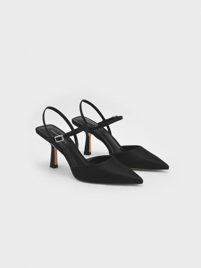 Charles And Keith Satin Ankle-Strap Pumps Black | PHILIPPINES Y609