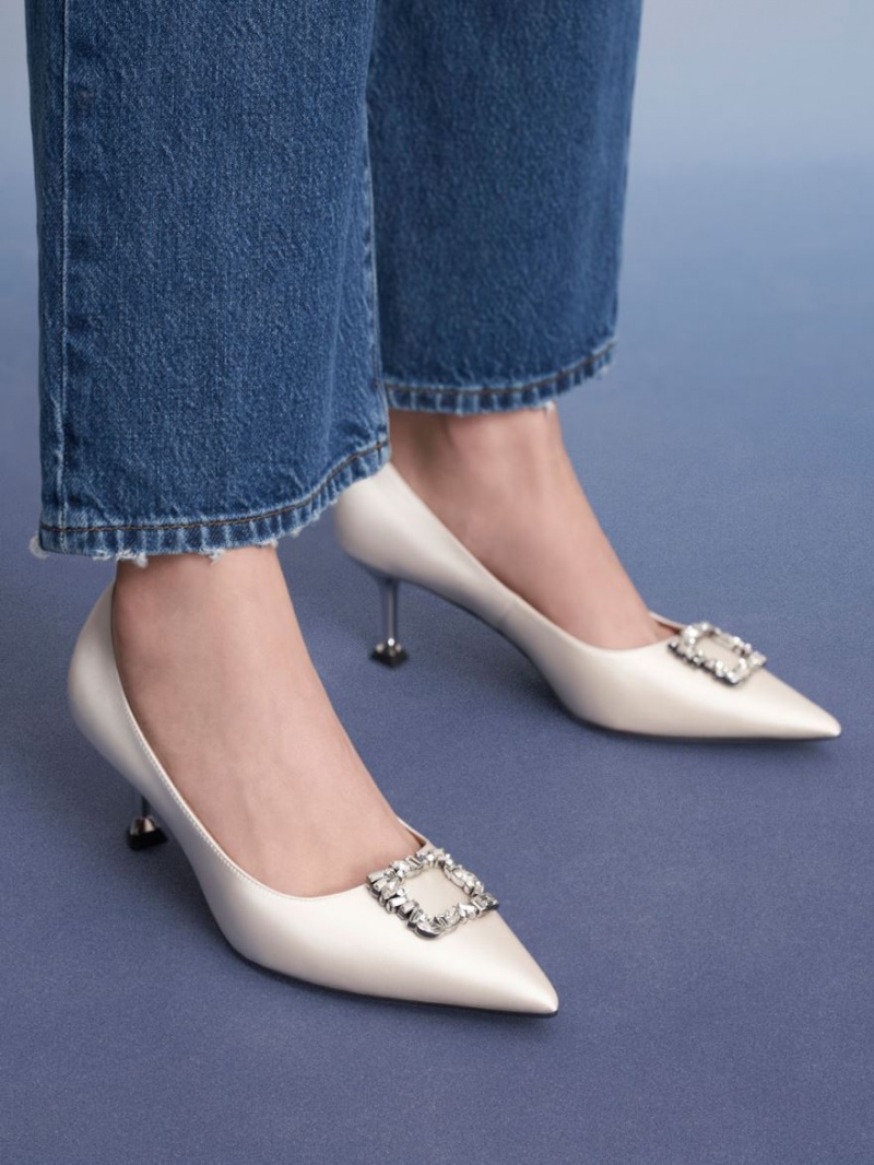 Charles And Keith Satin Gem-Embellished Kitten Heel Pumps Cream | PHILIPPINES P178