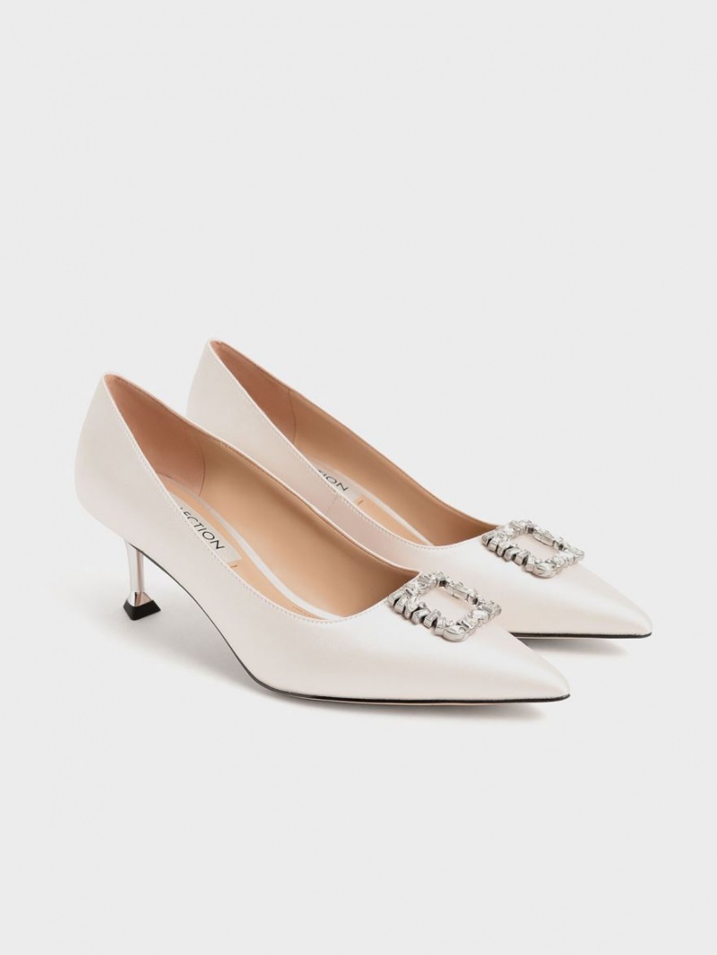 Charles And Keith Satin Gem-Embellished Kitten Heel Pumps Cream | PHILIPPINES P178