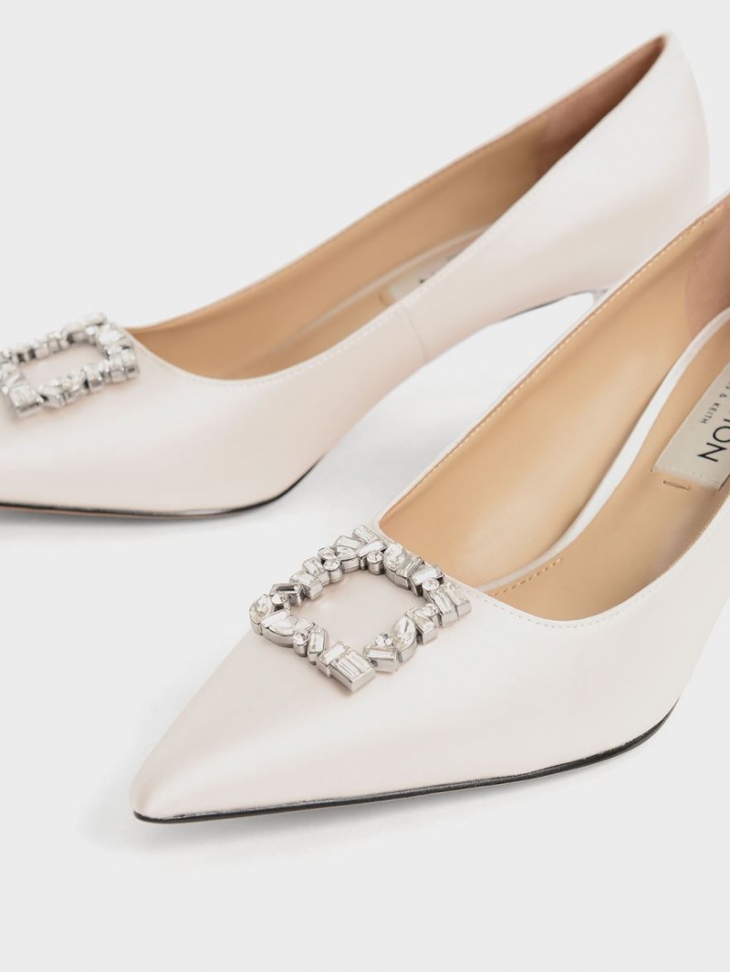 Charles And Keith Satin Gem-Embellished Kitten Heel Pumps Cream | PHILIPPINES P178