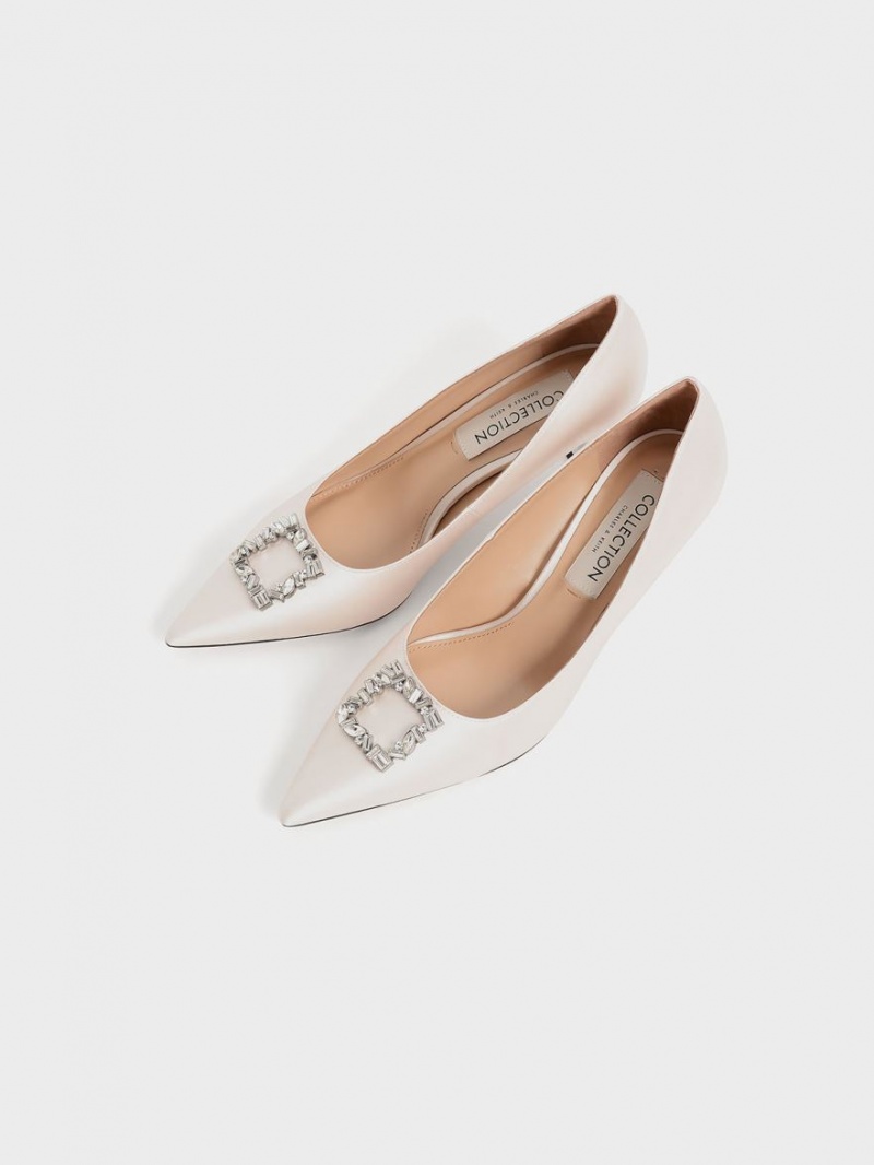 Charles And Keith Satin Gem-Embellished Kitten Heel Pumps Cream | PHILIPPINES P178