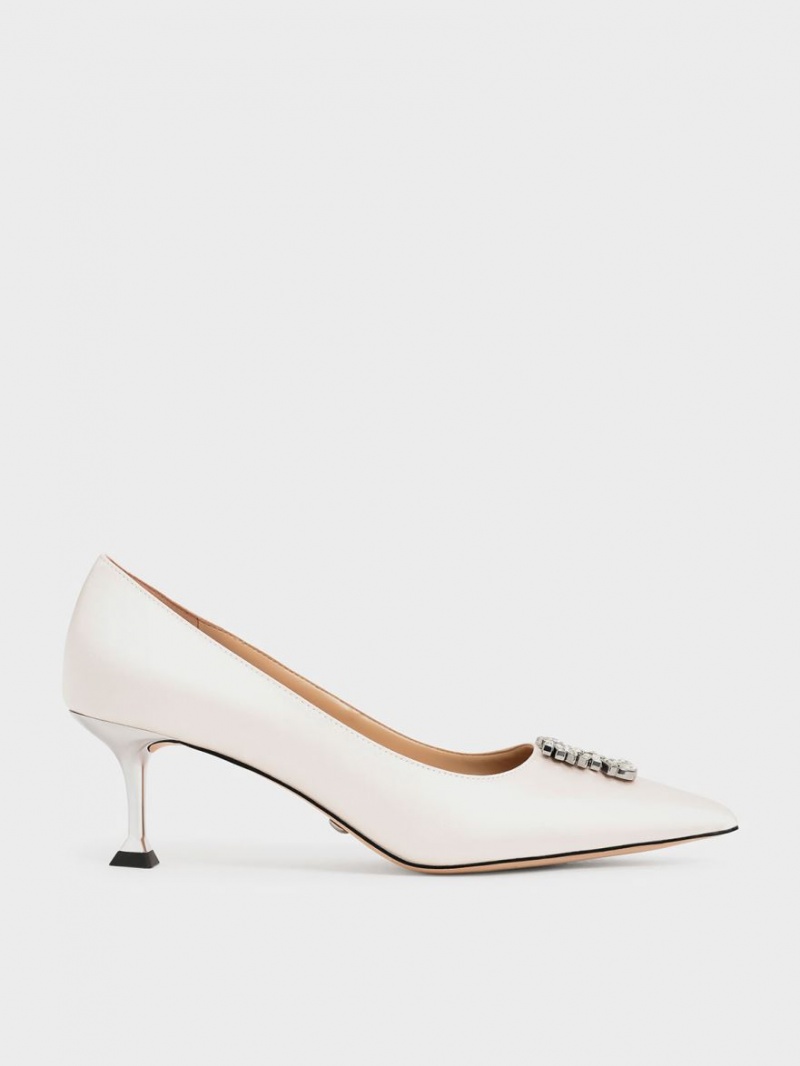 Charles And Keith Satin Gem-Embellished Kitten Heel Pumps Cream | PHILIPPINES P178