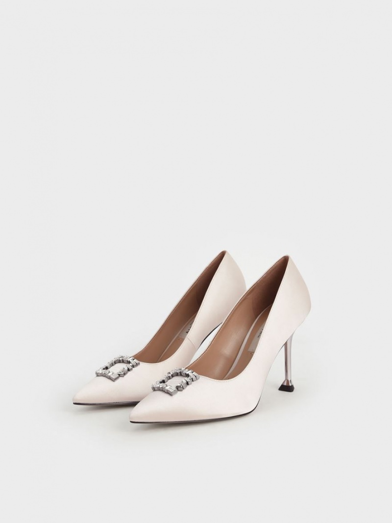 Charles And Keith Satin Gem-Embellished Pumps Cream | PHILIPPINES U120