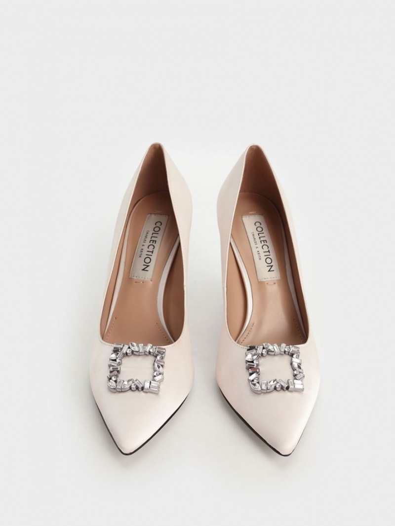 Charles And Keith Satin Gem-Embellished Pumps Cream | PHILIPPINES U120