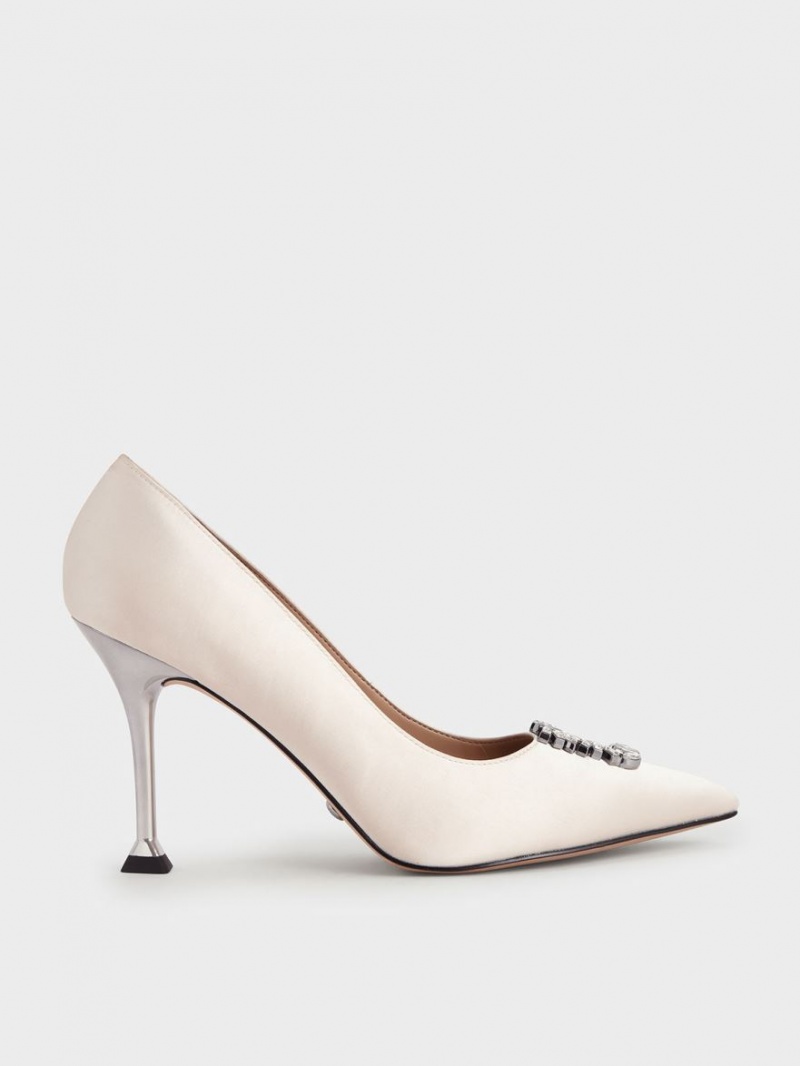 Charles And Keith Satin Gem-Embellished Pumps Cream | PHILIPPINES U120