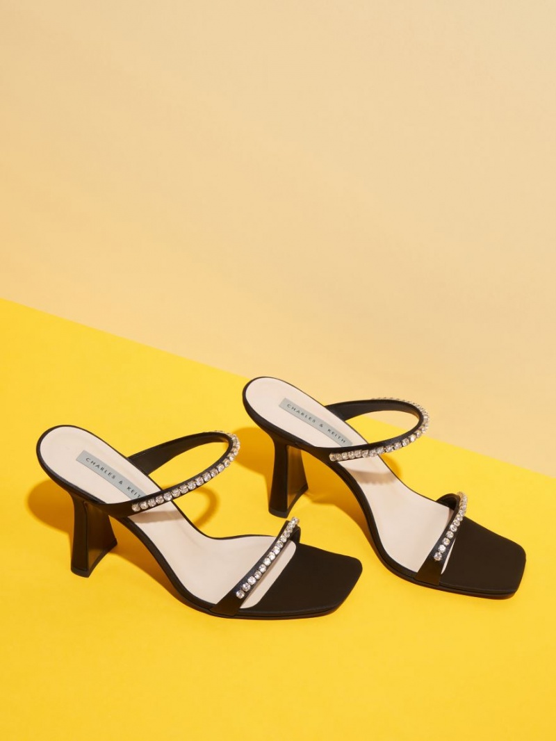 Charles And Keith Satin Gem-Encrusted Heels Sandals Black | PHILIPPINES U804