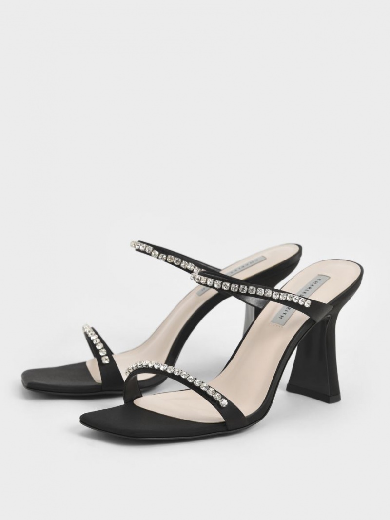 Charles And Keith Satin Gem-Encrusted Heels Sandals Black | PHILIPPINES U804