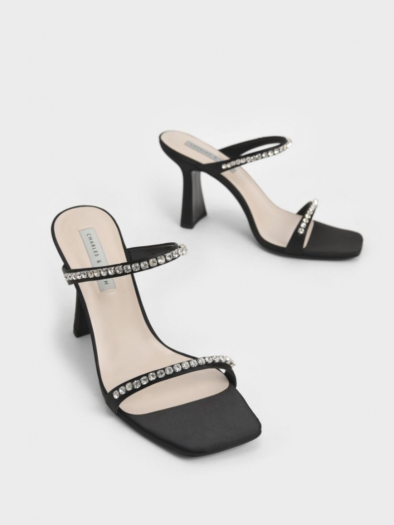 Charles And Keith Satin Gem-Encrusted Heels Sandals Black | PHILIPPINES U804