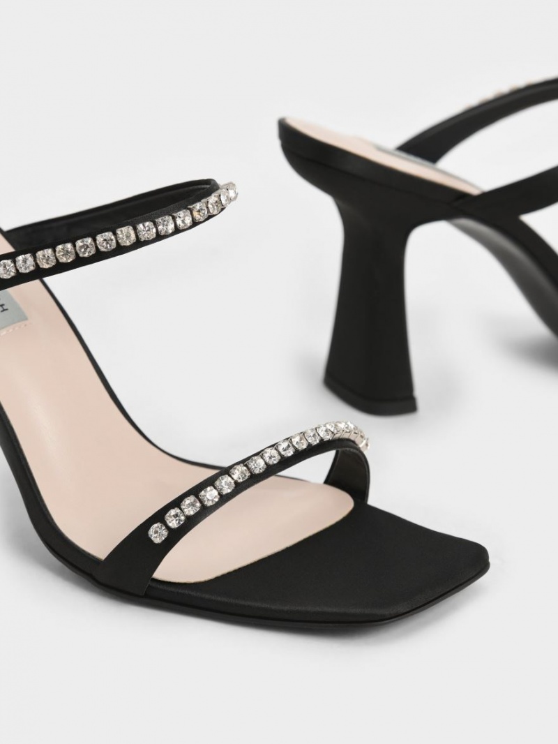 Charles And Keith Satin Gem-Encrusted Heels Sandals Black | PHILIPPINES U804