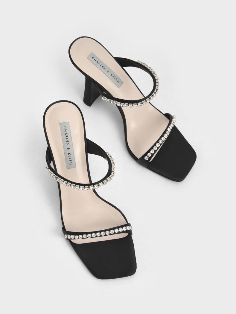 Charles And Keith Satin Gem-Encrusted Heels Sandals Black | PHILIPPINES U804