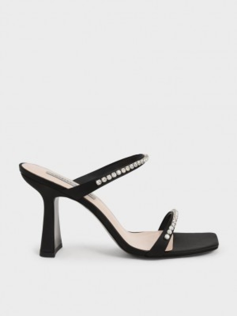 Charles And Keith Satin Gem-Encrusted Heels Sandals Black | PHILIPPINES U804