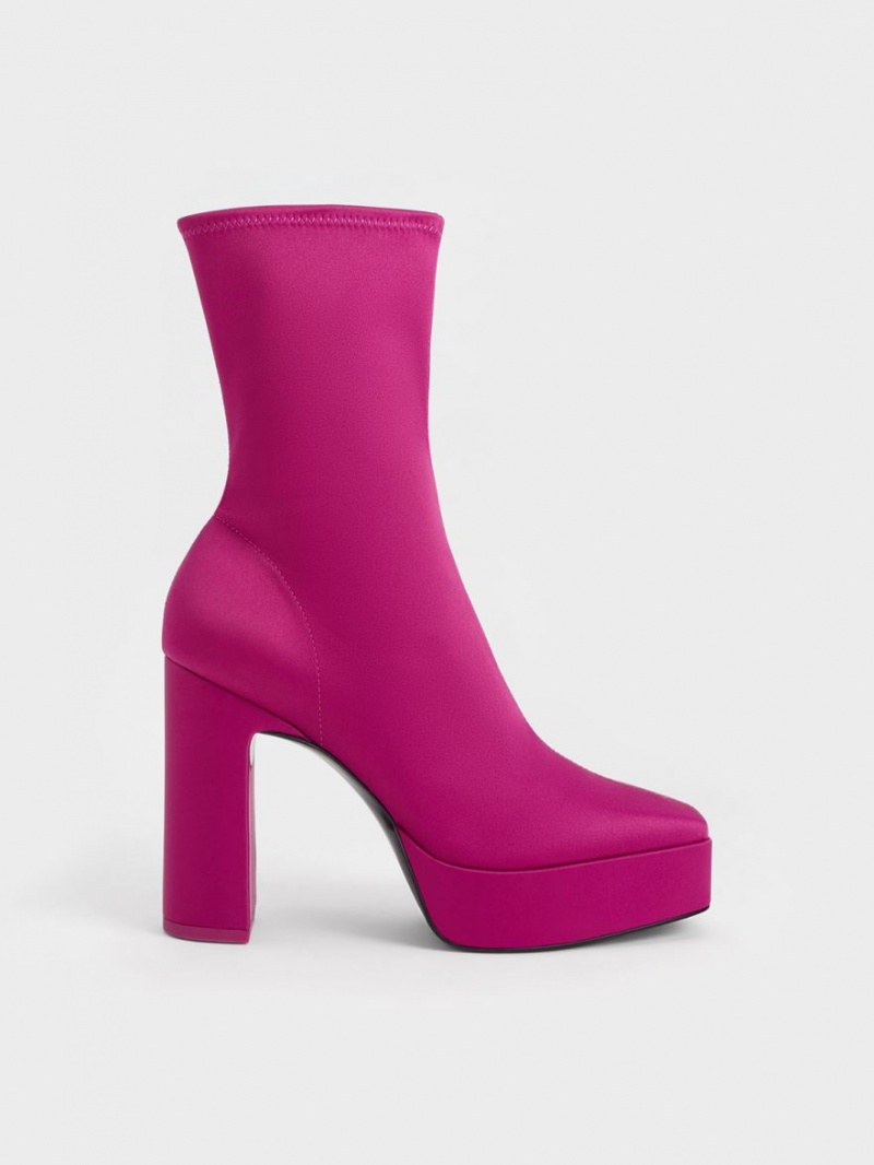 Charles And Keith Satin Platform Block Heel Ankle Boots Fuchsia | PHILIPPINES U183