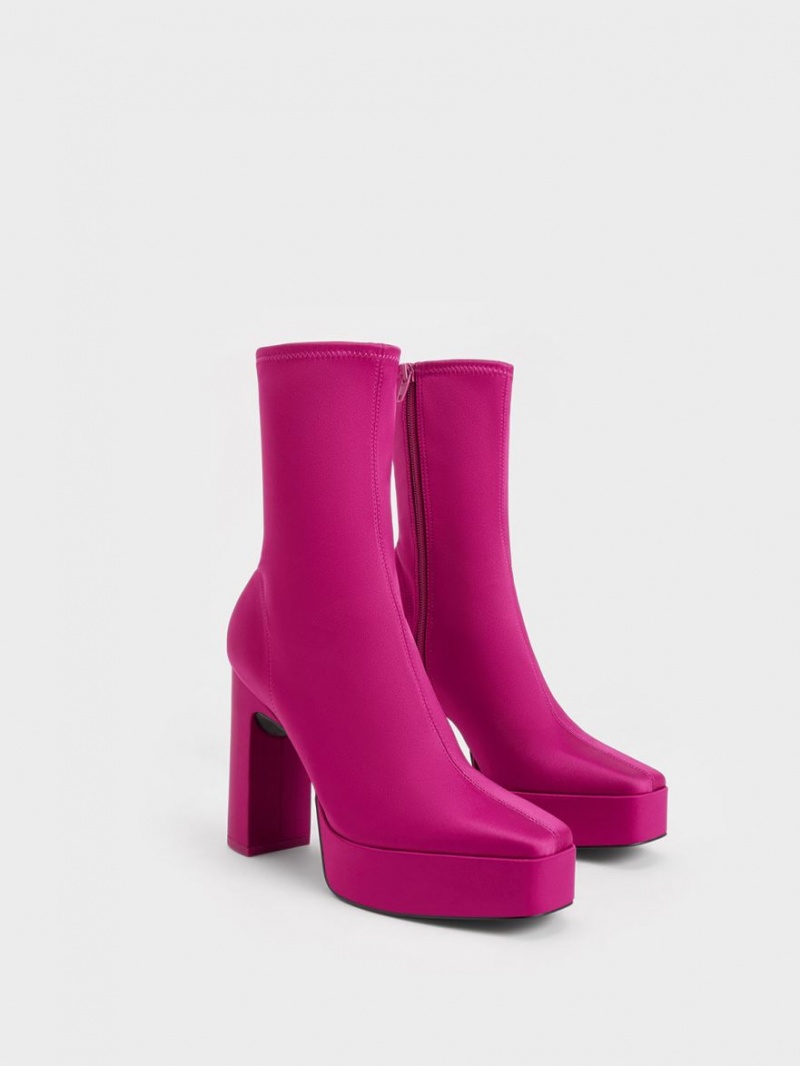 Charles And Keith Satin Platform Block Heel Ankle Boots Fuchsia | PHILIPPINES U183