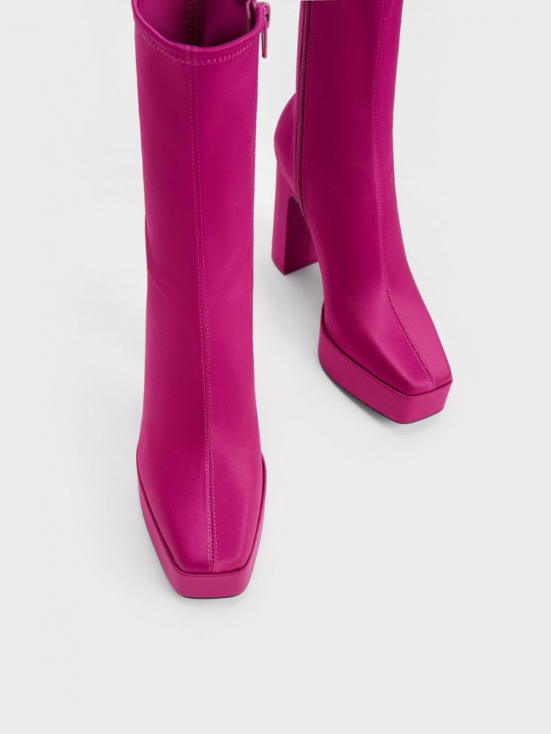 Charles And Keith Satin Platform Block Heel Ankle Boots Fuchsia | PHILIPPINES U183