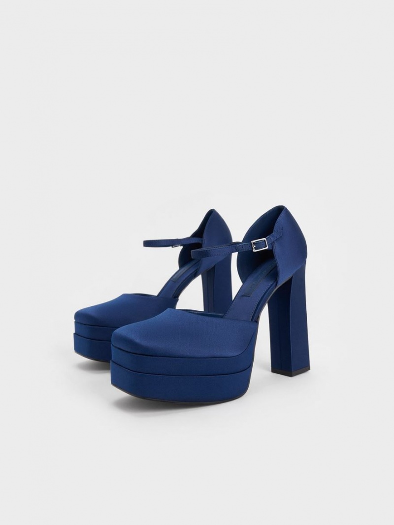 Charles And Keith Satin Platform D'Orsay Pumps Dark Blue | PHILIPPINES M324