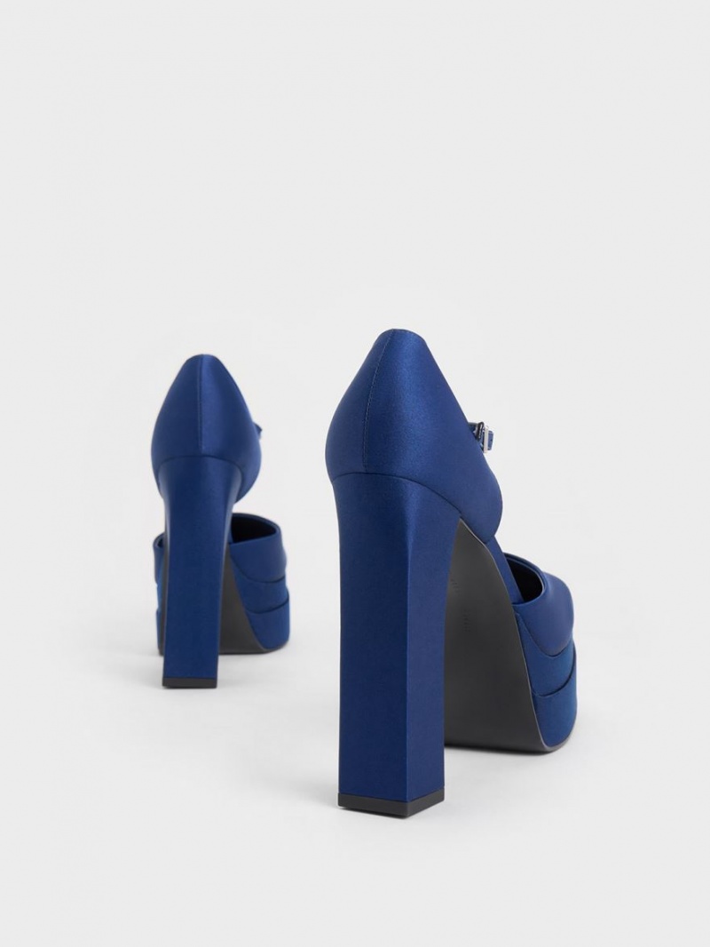 Charles And Keith Satin Platform D'Orsay Pumps Dark Blue | PHILIPPINES M324