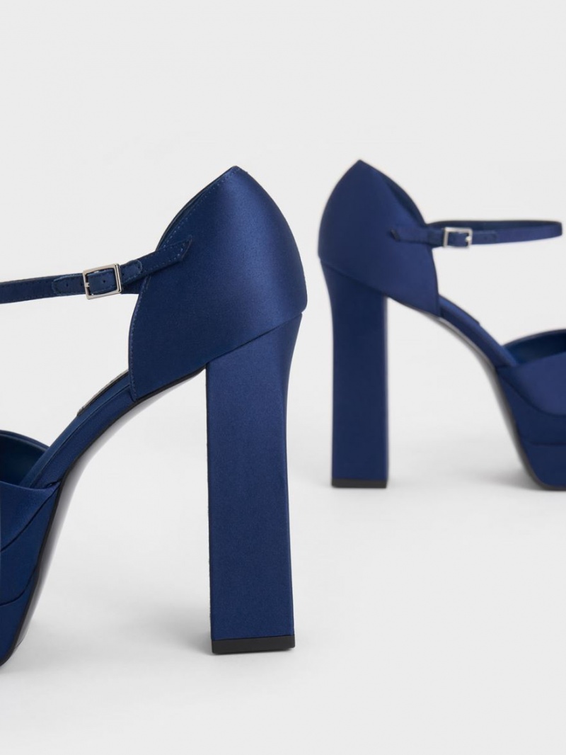 Charles And Keith Satin Platform D'Orsay Pumps Dark Blue | PHILIPPINES M324