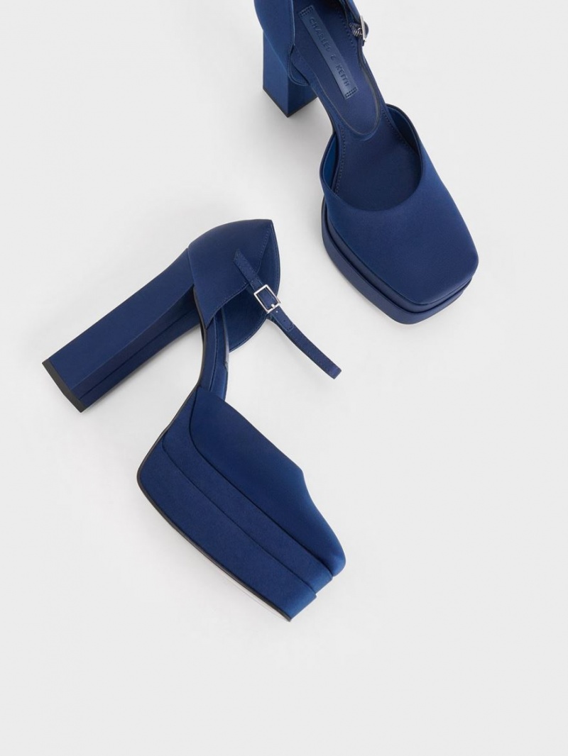 Charles And Keith Satin Platform D'Orsay Pumps Dark Blue | PHILIPPINES M324