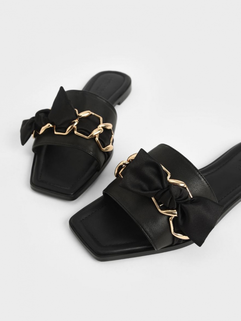 Charles And Keith Satin Scarf Leather Slide Sandals Black | PHILIPPINES A529