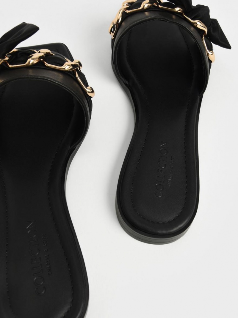 Charles And Keith Satin Scarf Leather Slide Sandals Black | PHILIPPINES A529