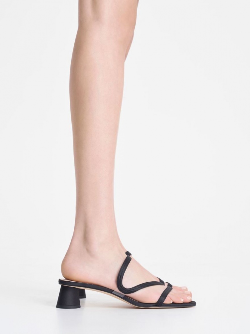 Charles And Keith Satin Wavy Strap Mules Black | PHILIPPINES F980