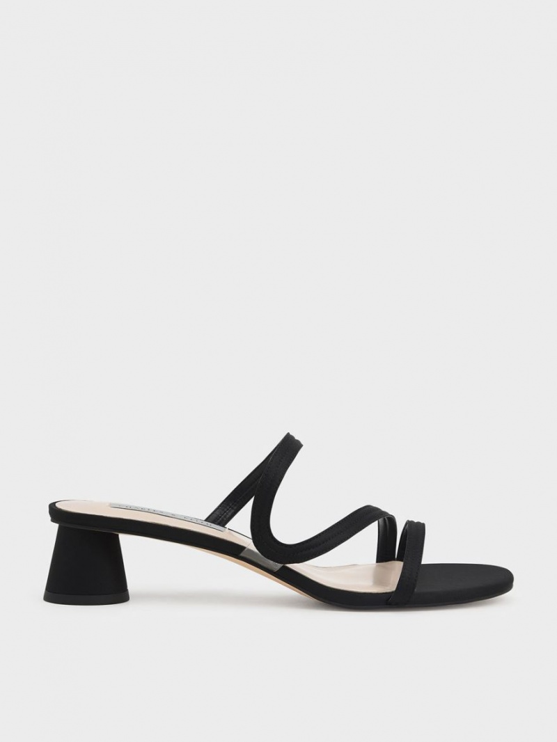 Charles And Keith Satin Wavy Strap Mules Black | PHILIPPINES F980