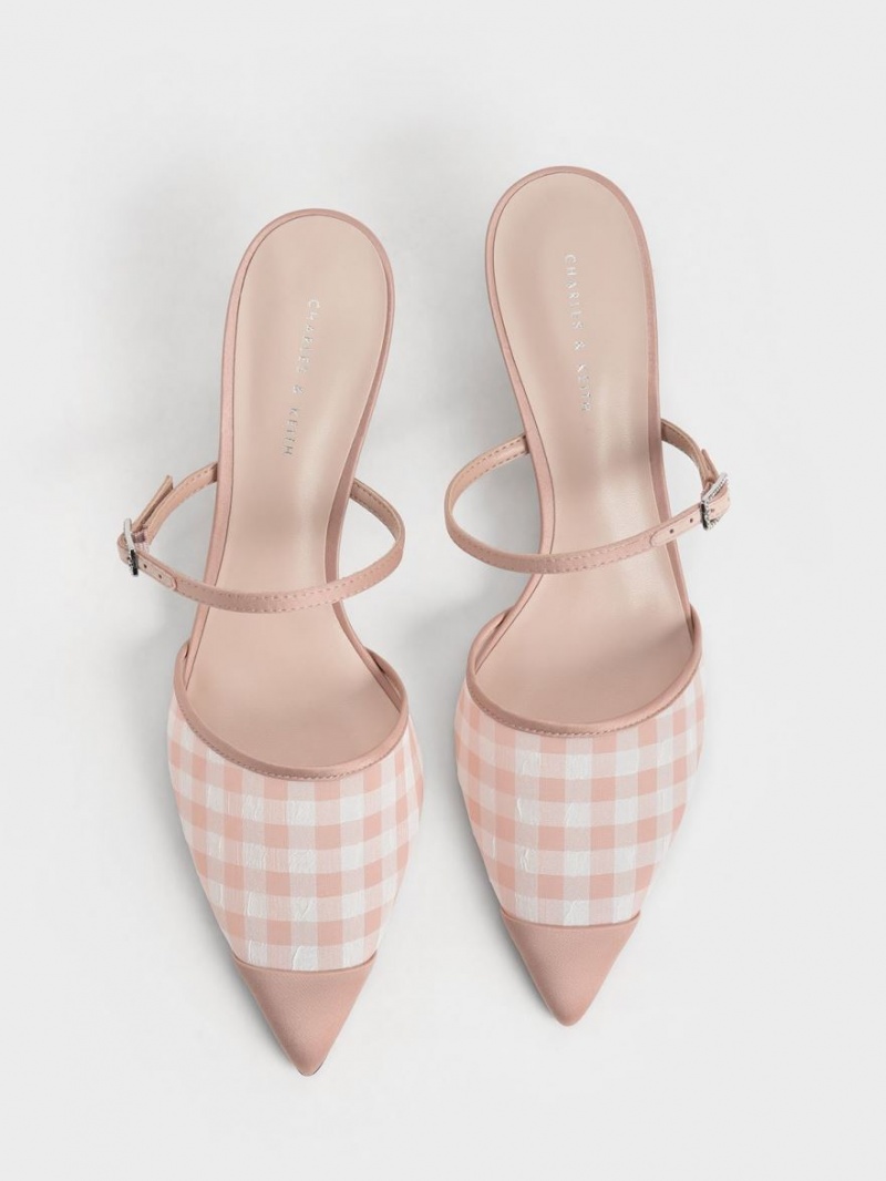 Charles And Keith Satin & Check-Print Embellished-Buckle Mules Pink | PHILIPPINES W407