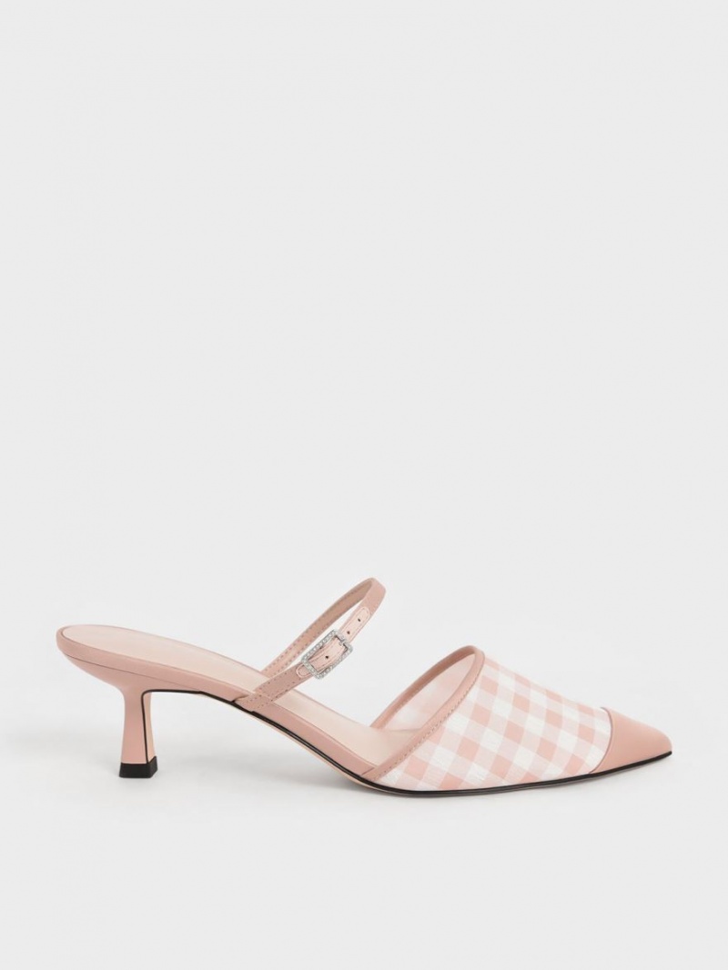 Charles And Keith Satin & Check-Print Embellished-Buckle Mules Pink | PHILIPPINES W407