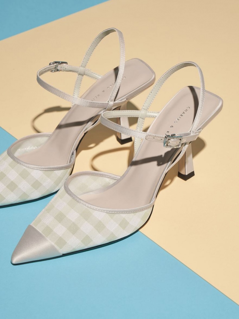 Charles And Keith Satin & Check-Print Fabric Ankle-Strap Pumps Light Green | PHILIPPINES C509