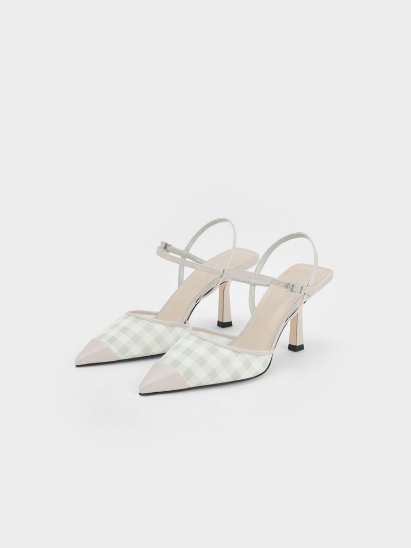 Charles And Keith Satin & Check-Print Fabric Ankle-Strap Pumps Light Green | PHILIPPINES C509