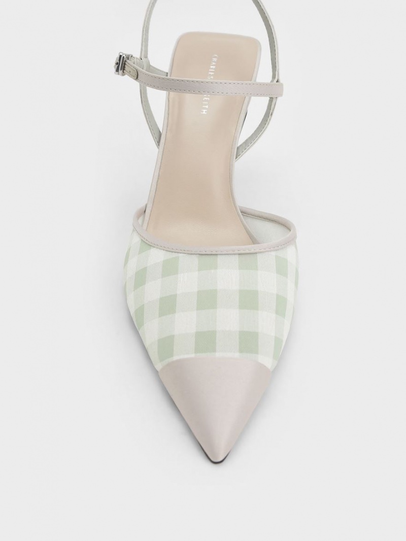 Charles And Keith Satin & Check-Print Fabric Ankle-Strap Pumps Light Green | PHILIPPINES C509