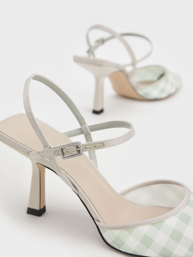 Charles And Keith Satin & Check-Print Fabric Ankle-Strap Pumps Light Green | PHILIPPINES C509