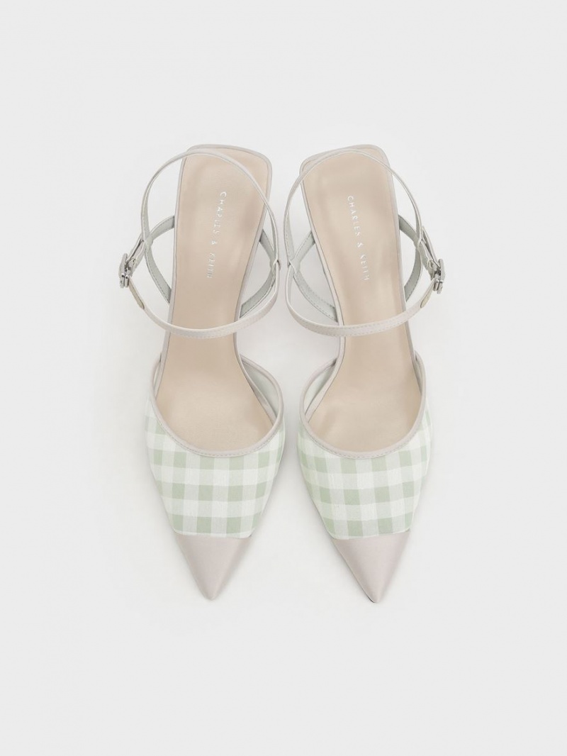 Charles And Keith Satin & Check-Print Fabric Ankle-Strap Pumps Light Green | PHILIPPINES C509