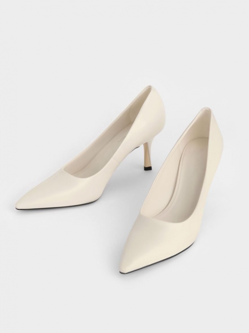 Charles And Keith Sculptural Heel Pointed-Toe Pumps Cream | PHILIPPINES X150