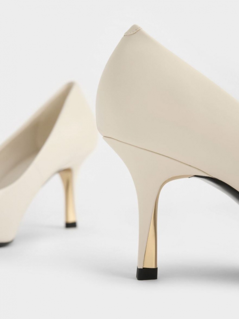 Charles And Keith Sculptural Heel Pointed-Toe Pumps Cream | PHILIPPINES X150