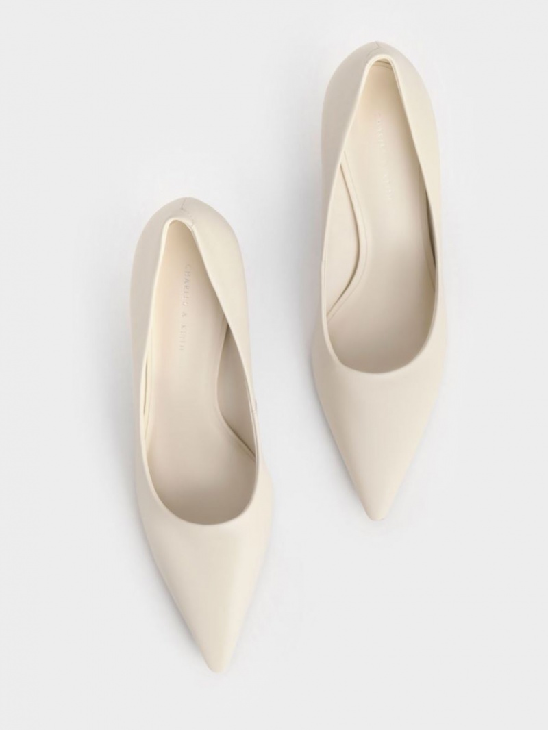 Charles And Keith Sculptural Heel Pointed-Toe Pumps Cream | PHILIPPINES X150