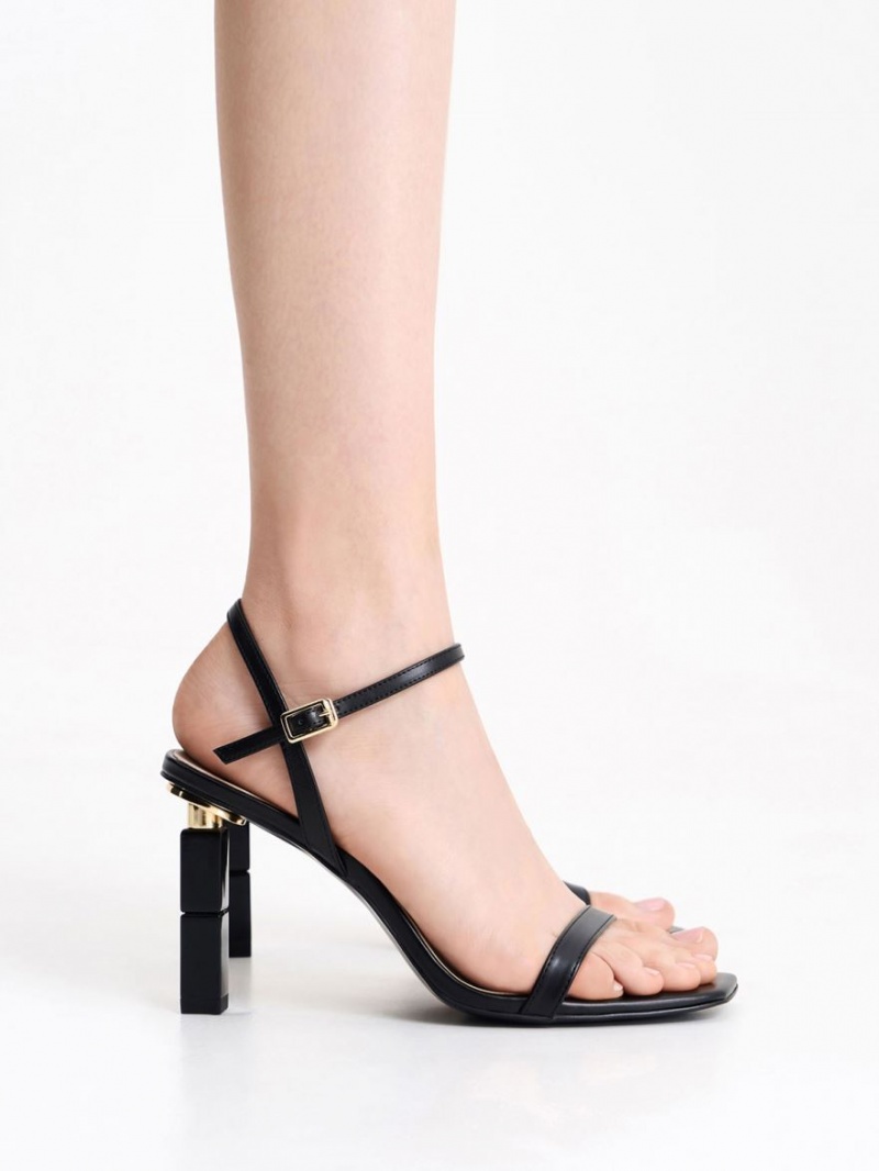 Charles And Keith Sculptural Heels Sandals Black | PHILIPPINES K697