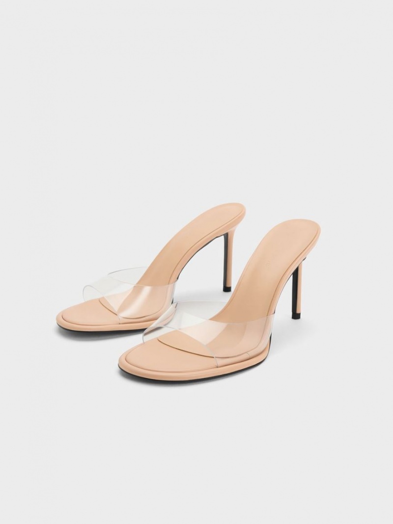 Charles And Keith See-Through Cylindrical Heel Mules Beige | PHILIPPINES Z684