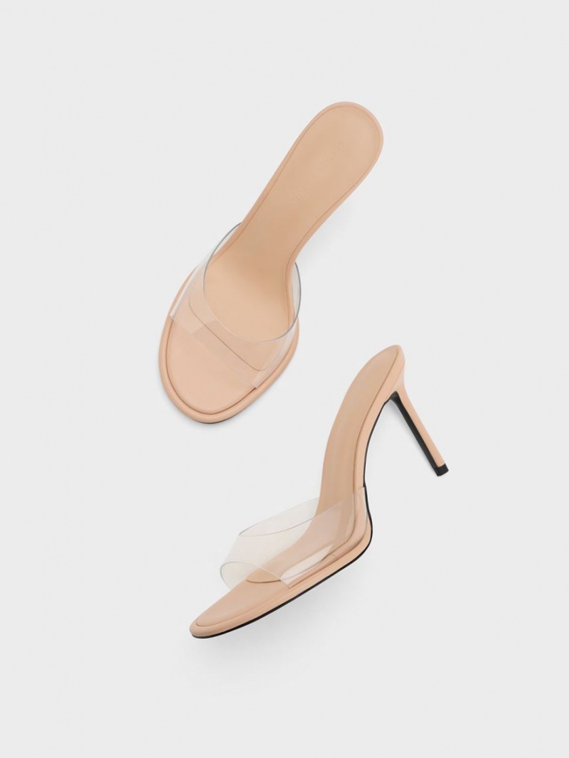 Charles And Keith See-Through Cylindrical Heel Mules Beige | PHILIPPINES Z684