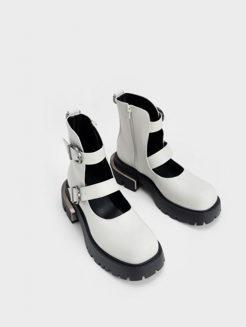 Charles And Keith Selma Buckled Chunky Boots White | PHILIPPINES R217